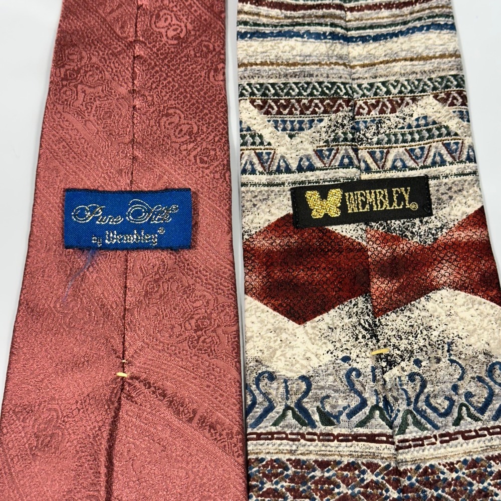 Vintage Wembley Necktie Lot Men OS Burgundy Paisley & Multicolor Geometric